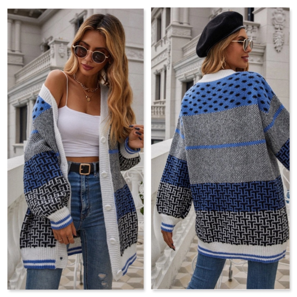 Printed Oversized Button Up V-Neck Cardigan Blue Grey White Black Lantern Sleeve